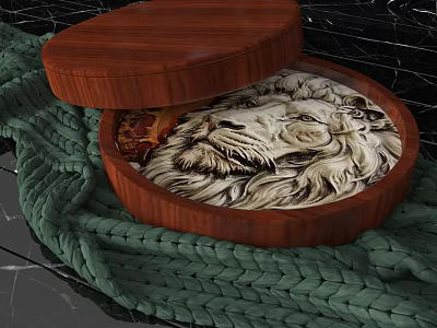Decorative Ornament Set Wooden Oval Box With Open Lid Lion Fur On Green Knit Blanket 3d model
