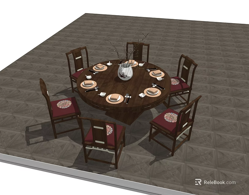 Round Dining Table Set With Six Chairs Red Cushions Vase Tableware And Gray Floor 3d model 
