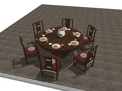 Round Dining Table Set With Six Chairs Red Cushions Vase Tableware And Gray Floor 3d model