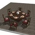 Round Dining Table Set With Six Chairs Red Cushions Vase Tableware And Gray Floor 3d model