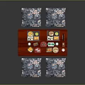 Traditional Assorted Food Dishes On Red Low Table With Blue Floral Cushions
