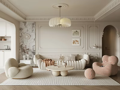 Cream Style Living Room Fabric Sofa Single Sofa Casual Chair Stone Coffee Table Chandelier 3d model