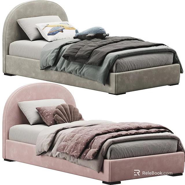 Modern Stylish Single Bed Interior Designs With Gray And Pink Frames And Cozy Bedding 3d model 