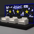 Music Themed Backdrop With White Sofas Guitar Microphone Stars And Headphones