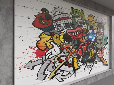 Colorful Graffiti Background Wall With Wooden Surface Featuring Cartoon Characters Letters And Arrows 3d model