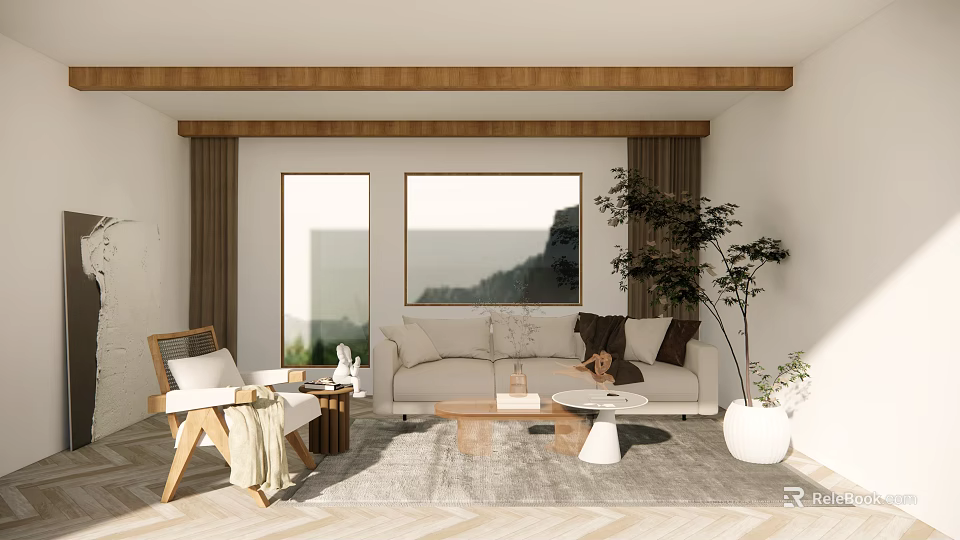 Modern Living Room Interior Design With Wooden Beam Light Sofa Geometric Rug And Potted Plant 3d model 
