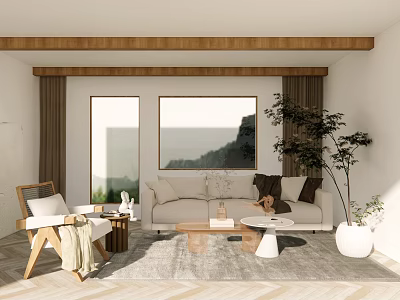 Modern Living Room Interior Design With Wooden Beam Light Sofa Geometric Rug And Potted Plant 3d model