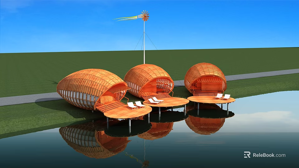 Three Shell Shaped Wooden Cabins by Water with Grassy Area and Windmill Reflection 3d model 