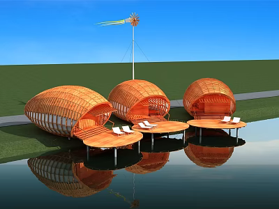 Three Shell Shaped Wooden Cabins by Water with Grassy Area and Windmill Reflection 3d model