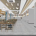 Modern Restaurant Interior With Dining Tables Chairs Marble Counters Wooden Ceiling And Blue Illuminated Columns