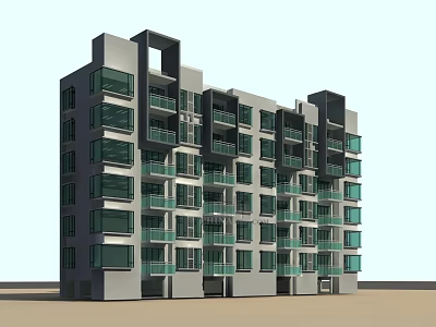 Modern Residential Building Multi Story Exterior Design With Glass Windows And Green Balconies 3d model