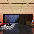 Modern Front Desk Reception Area With Circular Decorative Light Orange Counter And Red Sofa