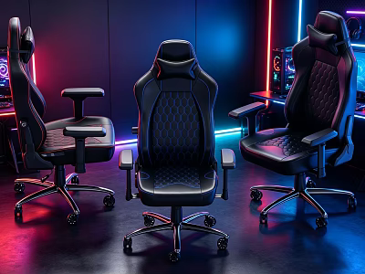 Modern Ergonomic Office Chairs With High Backrest Leather Upholstery And Neon Light Background 3d model