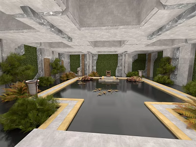Serene Interior Courtyard With Central Water Pool Green Plant Walls Stone Columns And Concrete Ceiling 3d model