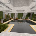 Serene Interior Courtyard With Central Water Pool Green Plant Walls Stone Columns And Concrete Ceiling