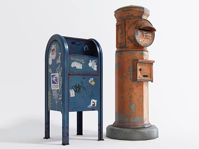 Vintage Public Mailboxes Blue And Orange With Stickers And Graffiti Design 3d model