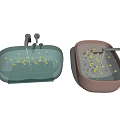Modern Transparent Blue And Copper Washbasins With Gold Star Decorations And Black Faucets