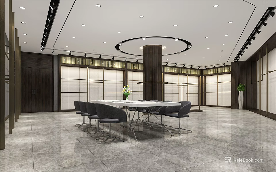 Modern Conference Room Interior With Round Table Black Chairs And Marble Floor 3d model 