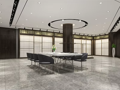 Modern Conference Room Interior With Round Table Black Chairs And Marble Floor 3d model