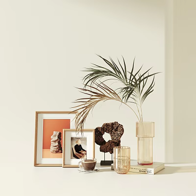 Elegant Decorative Ornament Collection With Framed Photos Palm Plant Sculpture And Glass Vase 3d model