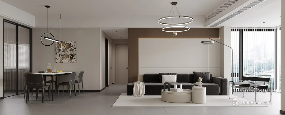 Modern Living Dining Room Interior Design With Sofa Coffee Table Dining Chairs And Chandelier Lighting 3d model 