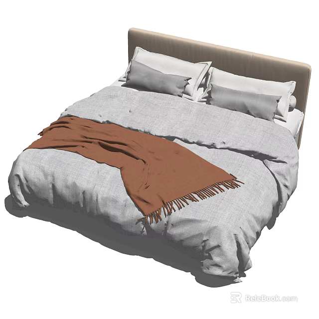 Double Bed with Beige Headboard Gray Bedspread Brown Blanket and Pillows 3d model