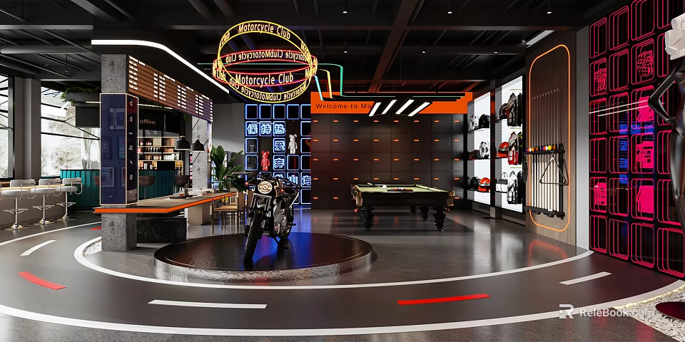 Harley Davidson Bar Interior With Motorcycle On Circular Platform Pool Table And Merchandise Shelves 3d model 