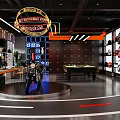 Harley Davidson Bar Interior With Motorcycle On Circular Platform Pool Table And Merchandise Shelves