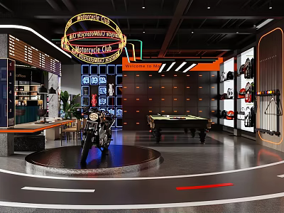 Harley Davidson Bar Interior With Motorcycle On Circular Platform Pool Table And Merchandise Shelves 3d model