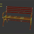 Red Metal Outdoor Bench With Slatted Design And Armrests For Garden Use