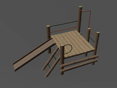 Wooden Children Playground Structure With Slide Platform And Climbing Poles 3d model