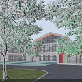 Modern School Building With Large Glass Windows Red Accents And Spacious Square