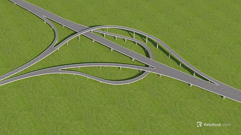 Modern Curved Interchange Bridge With Green Grass Landscape And Multiple Curved Lanes 3d model 
