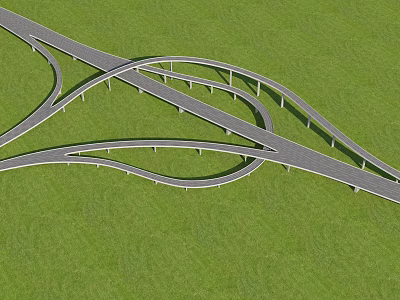Modern Curved Interchange Bridge With Green Grass Landscape And Multiple Curved Lanes 3d model
