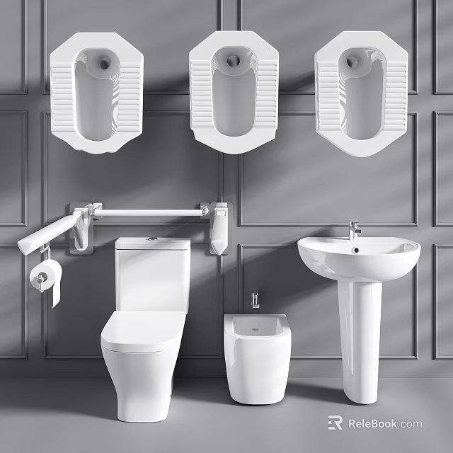 Modern White Toilet with Wall Mounted Urinals Grab Bars Sink and Bidet in Gray Bathroom 3d model 
