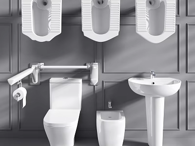 Modern White Toilet with Wall Mounted Urinals Grab Bars Sink and Bidet in Gray Bathroom 3d model