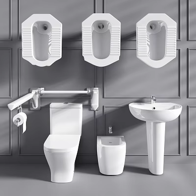 Modern White Toilet with Wall Mounted Urinals Grab Bars Sink and Bidet in Gray Bathroom 3d model