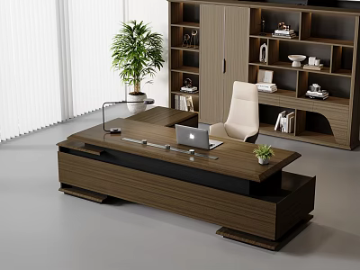 Wooden Office Desk with Laptop Small Potted Plant White Chair Bookshelf Window Blinds Modern Office 3d model