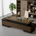 Wooden Office Desk with Laptop Small Potted Plant White Chair Bookshelf Window Blinds Modern Office