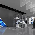 Hi Tech Exhibition Hall With Circular Interactive Screen And Display Stands Featuring Visitors 3d model