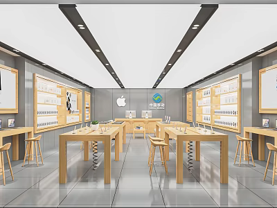 Digital Store Interior With Display Tables Digital Products And Brand Logos 3d model