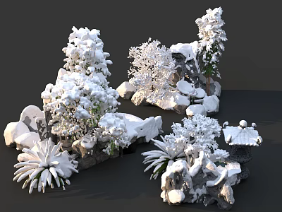 Snow Covered Garden Ornaments With Plants Rocks And Mini Pavilion 3d model
