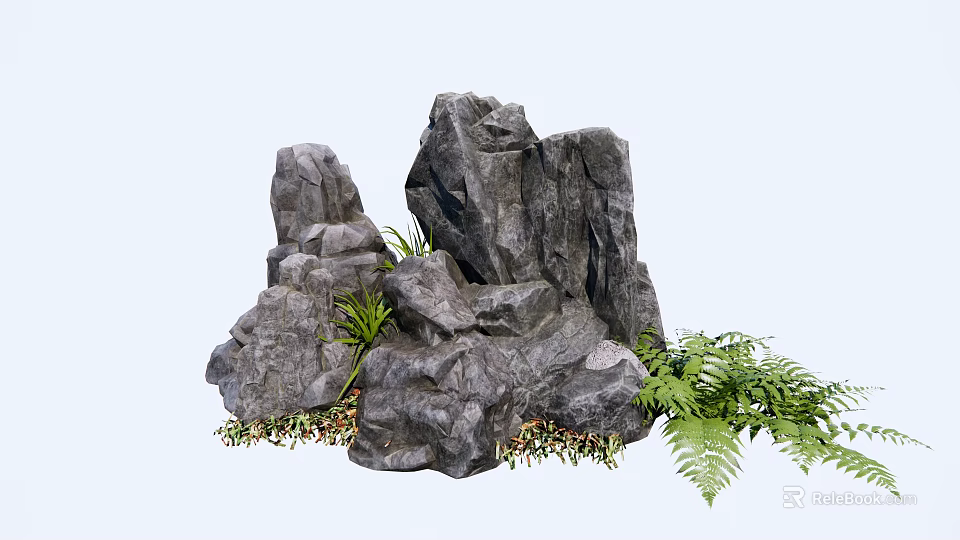 Natural Rockery Stones With Stacked Structure And Surrounding Green Ferns 3d model 