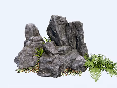 Natural Rockery Stones With Stacked Structure And Surrounding Green Ferns 3d model