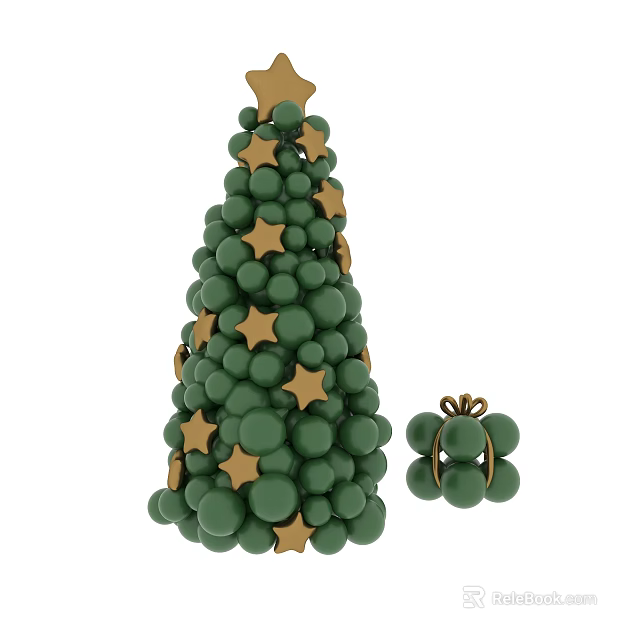 Green Christmas Tree Made of Balls with Gold Stars and Gift Box 3d model 