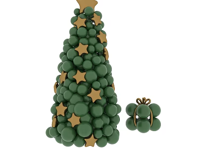 Green Christmas Tree Made of Balls with Gold Stars and Gift Box 3d model