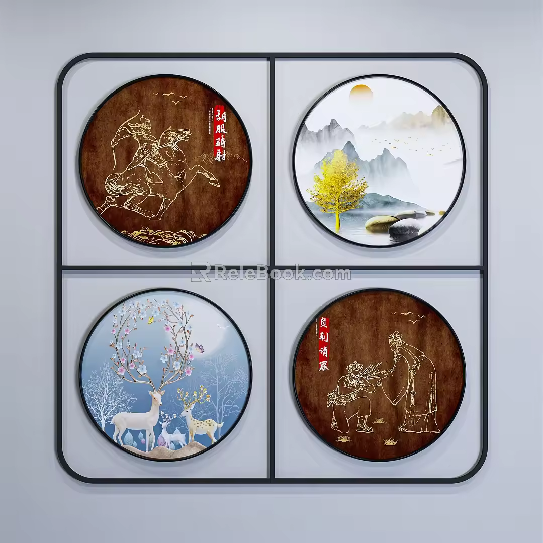 New Chinese Style Round Frame Painting Round Painting 3d model