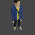 Child Standing In Blue Jacket Yellow T-shirt Black Pants And Gray Shoes