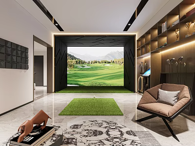 Luxury Modern Home Theater With Large Golf Scene Screen Trophy Shelf Comfortable Sofa And Rug 3d model