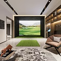 Luxury Modern Home Theater With Large Golf Scene Screen Trophy Shelf Comfortable Sofa And Rug